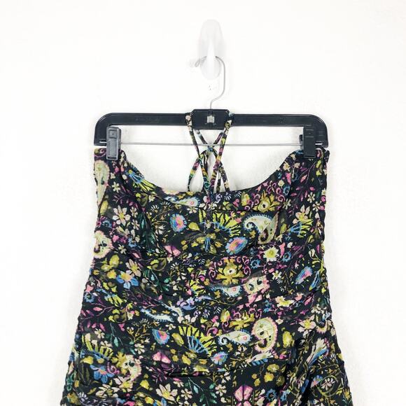 Zara Floral Mini Dress Large Ruched Bodycon Halter Sweetheart Paisley Print - Picture 4 of 14